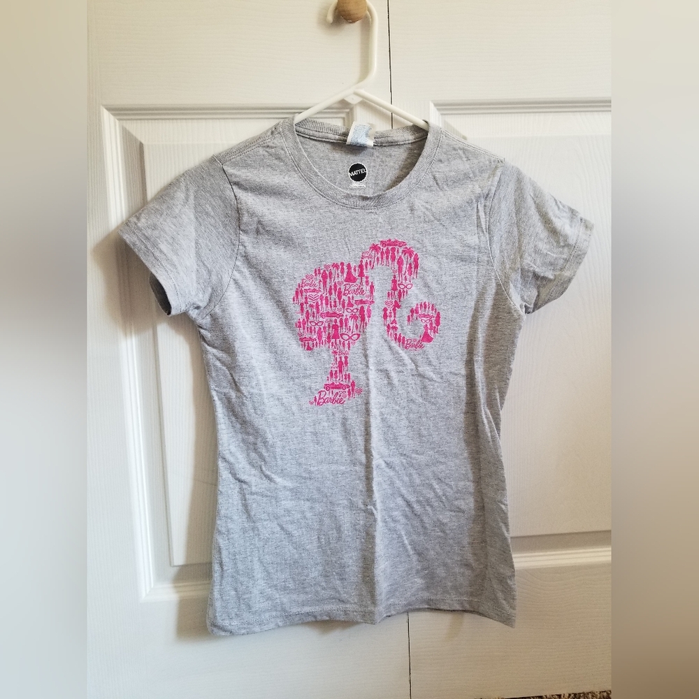 Barbie Women's T-Shirt XS Heather Gray Hot Pink Iconography Logo **CLEARANCE**